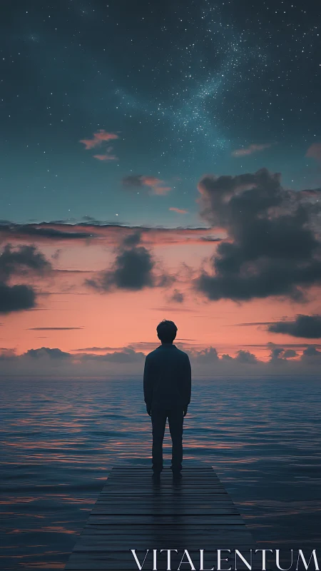 Solitary figure contemplates a starry seascape at dusk.