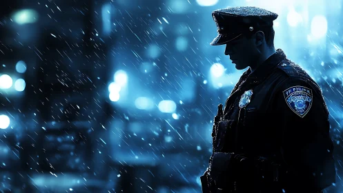 Police officer stands in heavy rain on a city street.