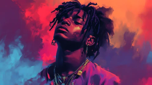 Soulful portrait bathed in bold neon clouds of color.