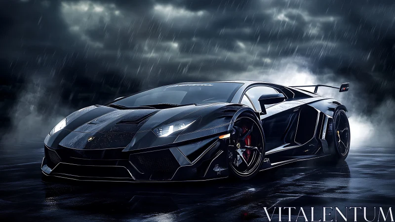 Black supercar sits on wet pavement under heavy nighttime rain