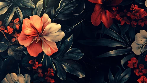 Nocturnal blooms glowing softly against midnight leaves.