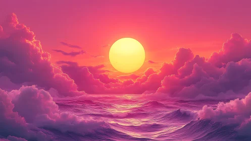 Neon sunset orb over candy clouds and dreamlit waves.