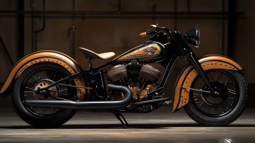 Custom black and gold vintage cruiser motorcycle in studio