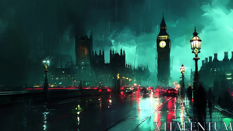 Moody London night glows with rainlit streets and neon haze
