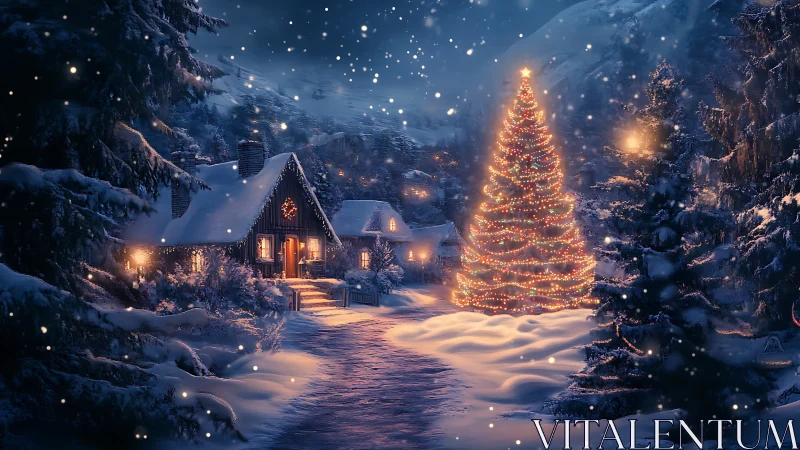 Snowy cottage glows beside towering lit Christmas tree.