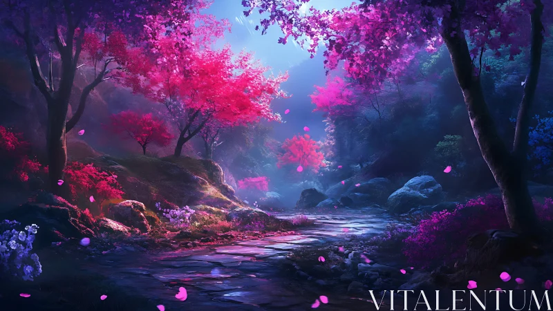 Luminescent blossom pathway winds through saturated fantasy grove