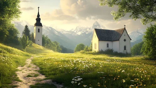 Sunlit alpine chapel rendered in high-detail digital painting
