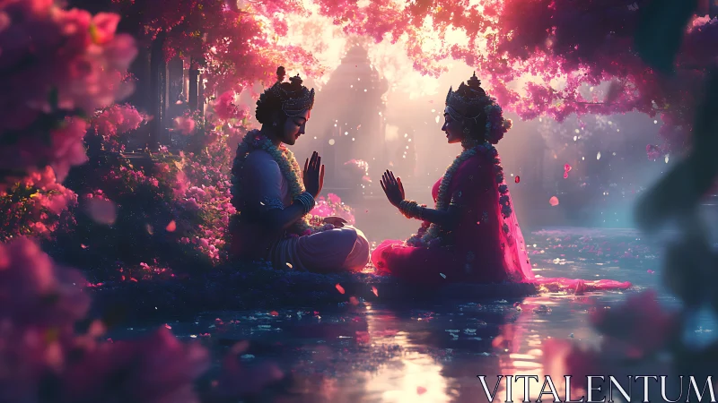 Two figures in luminous bioluminescent garden with floating particles.