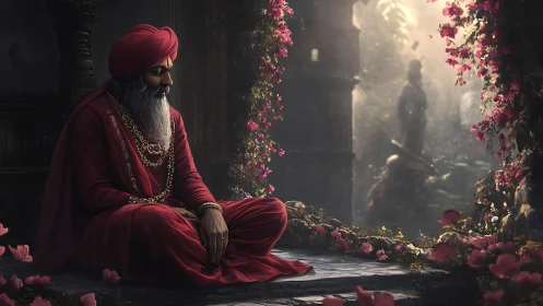 Meditative elder in crimson robes within floral temple garden.
