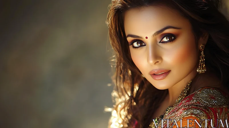 High-contrast portrait highlights detailed makeup and ethnic jewelry