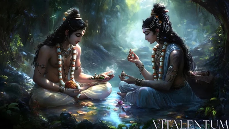 Divine couple sharing offerings beside luminous forest stream.