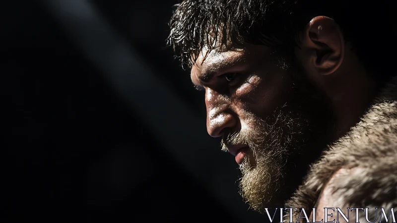 Storm-lit warrior profile carved in sweat and shadowed grit.