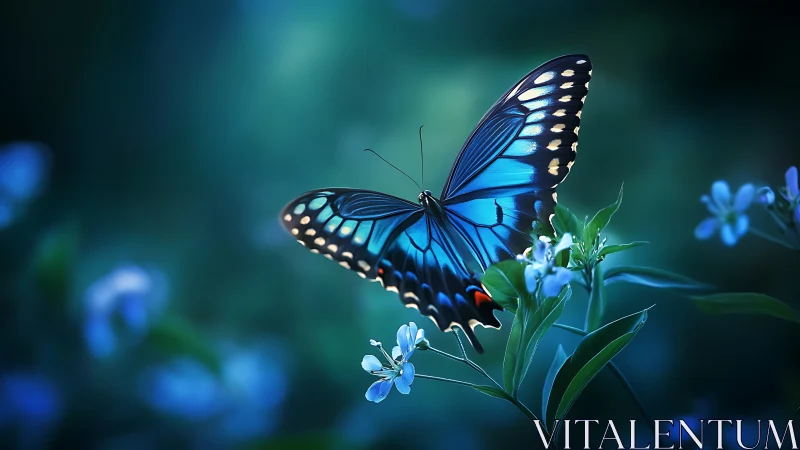 Iridescent blue butterfly hovering over soft bokeh flora.