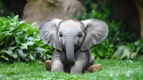 Juvenile elephant seated in verdant habitat, rendered photorealistically