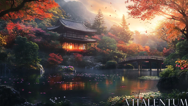 Japanese lakeside pavilion with arched bridge at sunset.