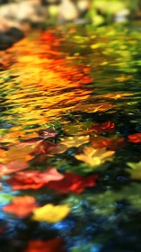 Autumn maple foliage reflections on rippled pond surface