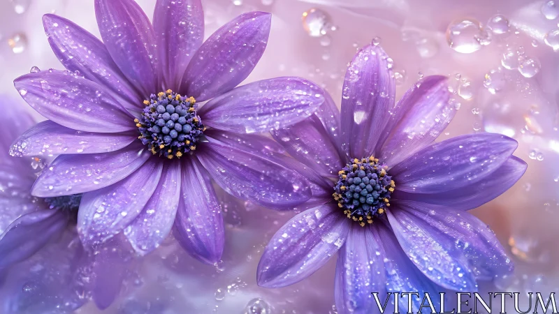 Purple Daisies with Dewdrops Against Soft Pink Backdrop.