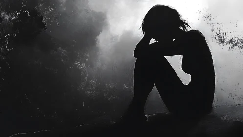 Silhouette curls inward as stormy grayscale sky presses close