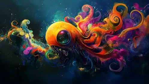 Cosmic cephalopod swirling through neon liquid galaxies.