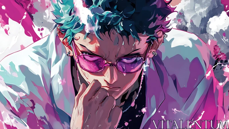 Male anime figure in tinted glasses poses against abstract field
