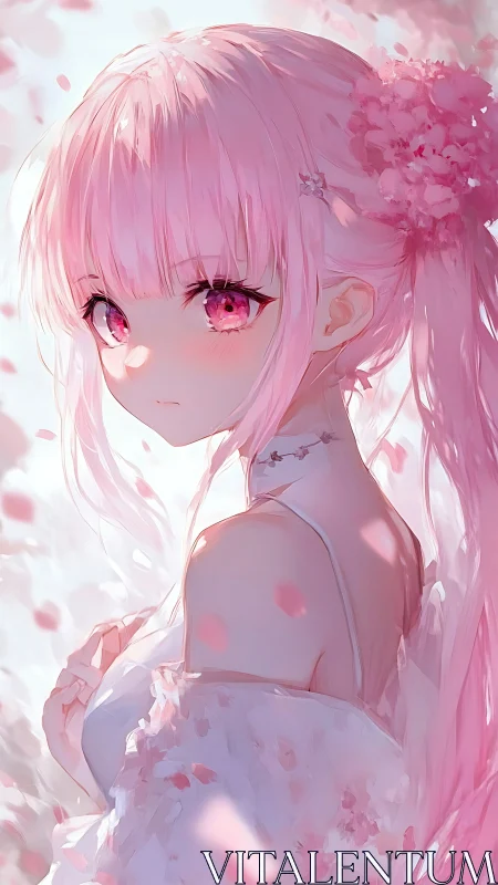 High-key anime portrait of pink-haired girl amid drifting petals