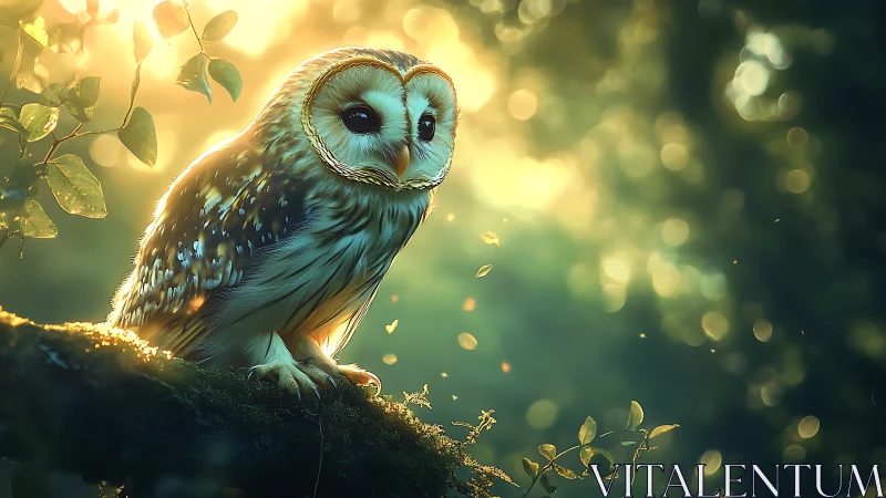 Majestic Owl on Mossy Branch in Dreamy Sunlit Forest Setting.