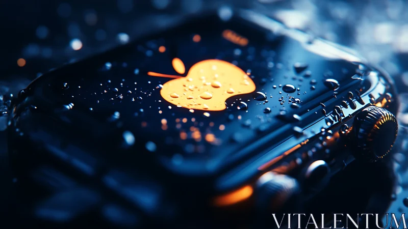 Smartwatch surface shows illuminated logo under water droplets