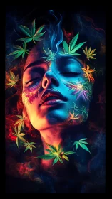 Neon-lit female visage merges with cannabis leaves in vaporous aura