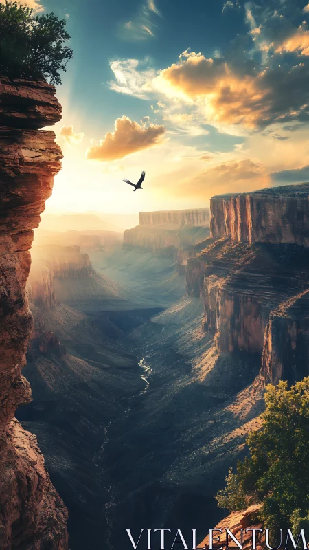 Sunlit canyon walls frame distant river and soaring bird