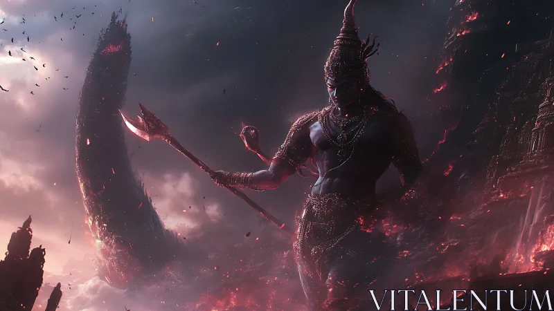 Mythic warrior figure in fiery landscape with weapon raised.