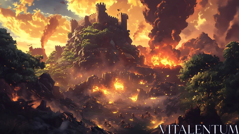 Medieval Fortress Engulfed in Apocalyptic Inferno With Volumetric Fire Effects