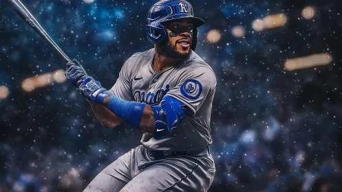 Baseball slugger readies powerful swing under stadium lights