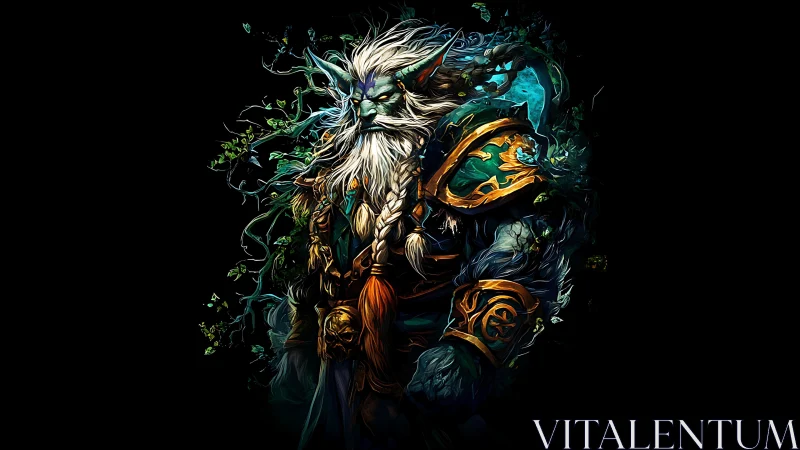 Elf druid warrior with glowing armor in dark forest portrait.