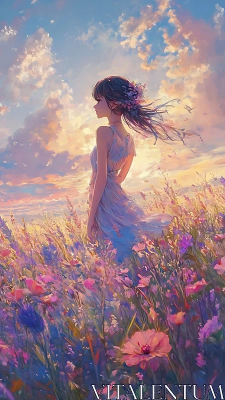 Gentle sunset breeze carries a girl through a wildflower dream
