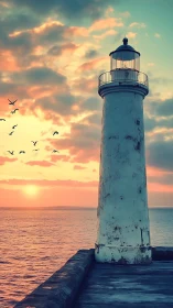 Weathered lighthouse glows quietly against a pastel ocean sunset