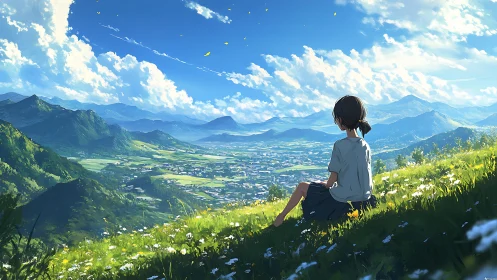 Anime hillside panorama renders atmospheric depth and luminous clouds