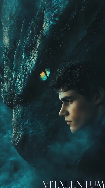 Human profile aligns with dragon visage in misted teal chiaroscuro