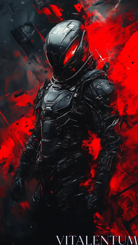 Armored cybernetic soldier stands in red-contrast abstract field