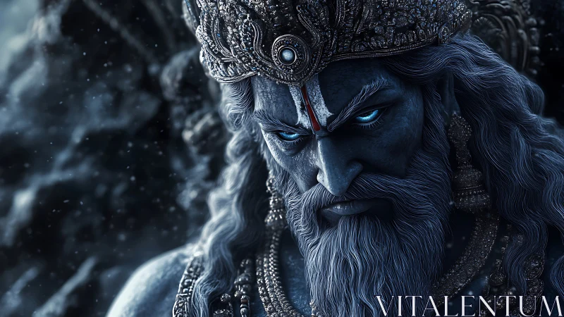 Divine blue warrior gazes fiercely through swirling frost