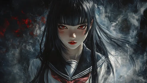 Storm-lit schoolgirl gazes forward with fierce quiet strength