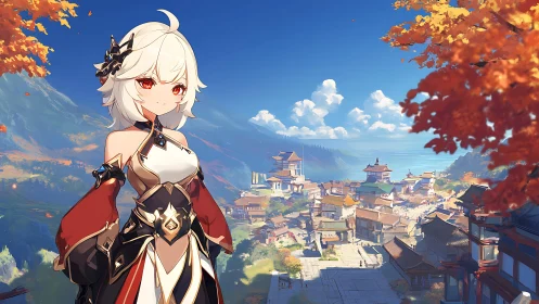 Autumn anime heroine overlooks sunlit mountain cityscape.