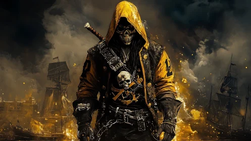 Hooded skeletal pirate captain strides through burning harbor.