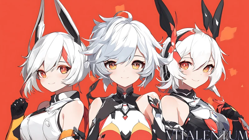 Three stylized characters stand aligned against red backdrop