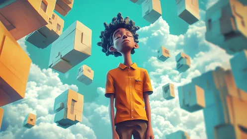 Stylized youth stands among floating cubic forms in sky