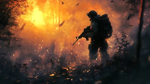 Inferno Guardian: Soldier Emerges Through Apocalyptic Flames.