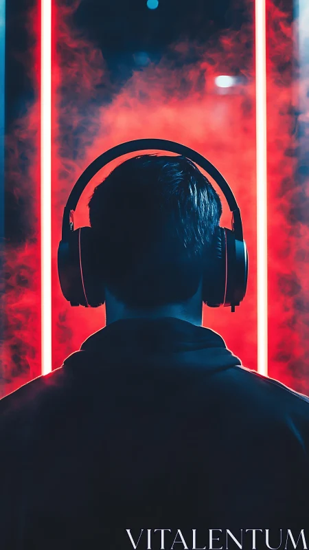 Neon corridor listener locked in electric midnight focus.