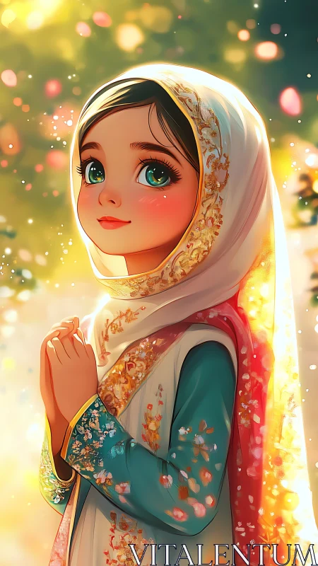 Sunlit girl in embroidered hijab cradles hopeful prayers softly.