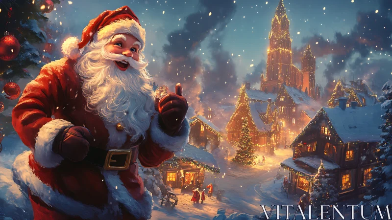 Santa Claus in snowy village with glowing Christmas lights.