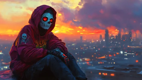 Hooded skeleton figure overlooking illuminated city skyline.