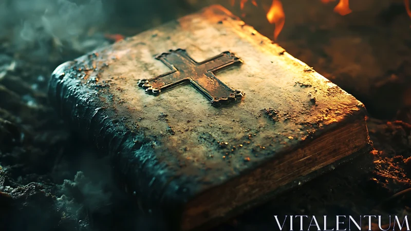 Battle-scarred holy book glowing in ember-laced twilight.